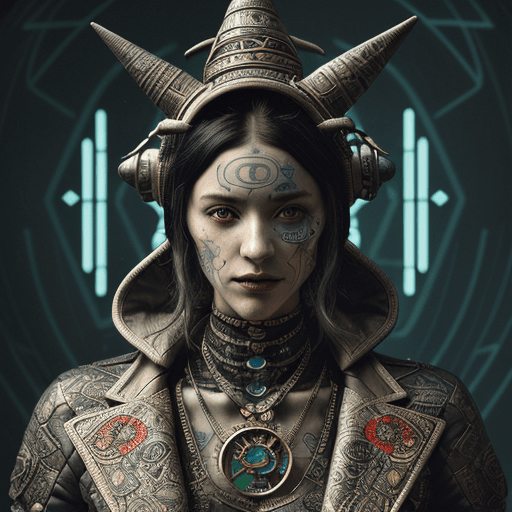 AI generated: tarot card with intricate detailed frame around the outside, portrait of cyberpunk head with jester ...