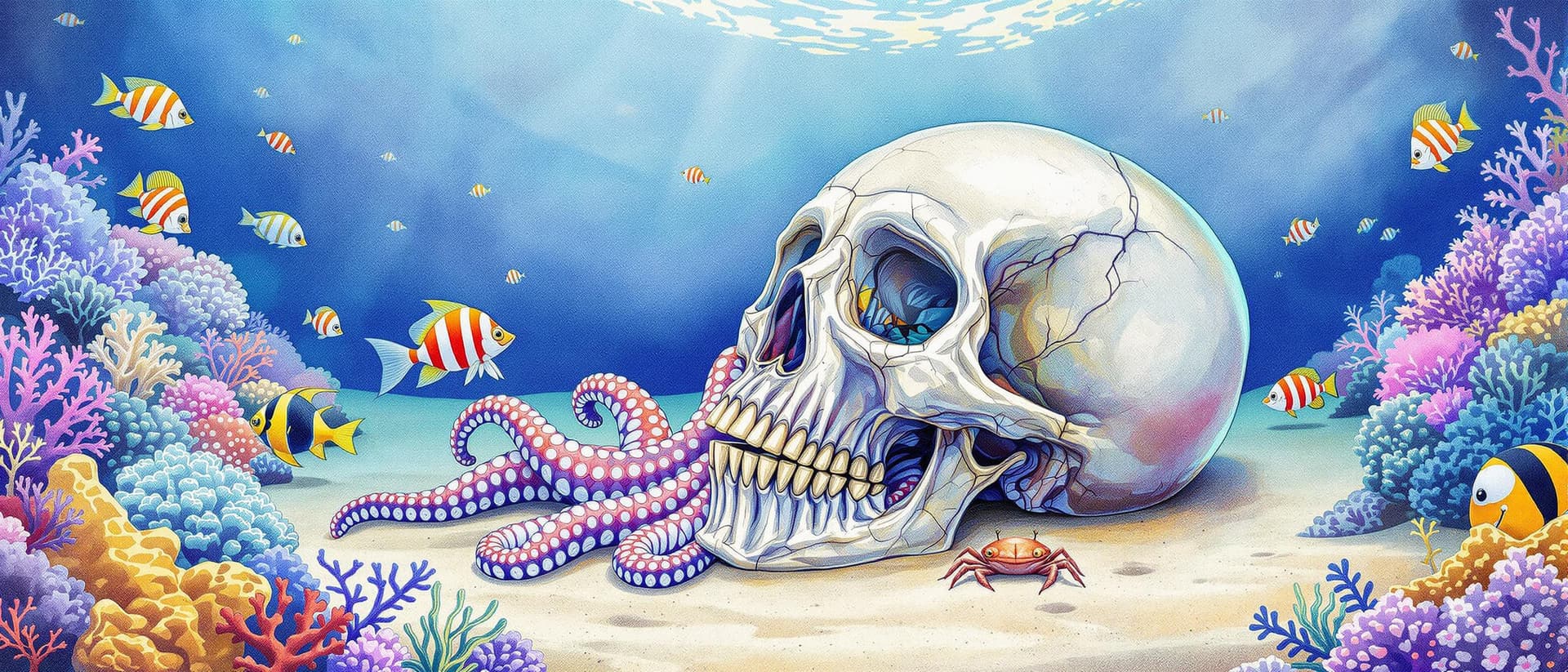 AI generated: color pencil drawing, realistic, underwater, Octopus, hiding in a human skull, missing teeth, gold t...
