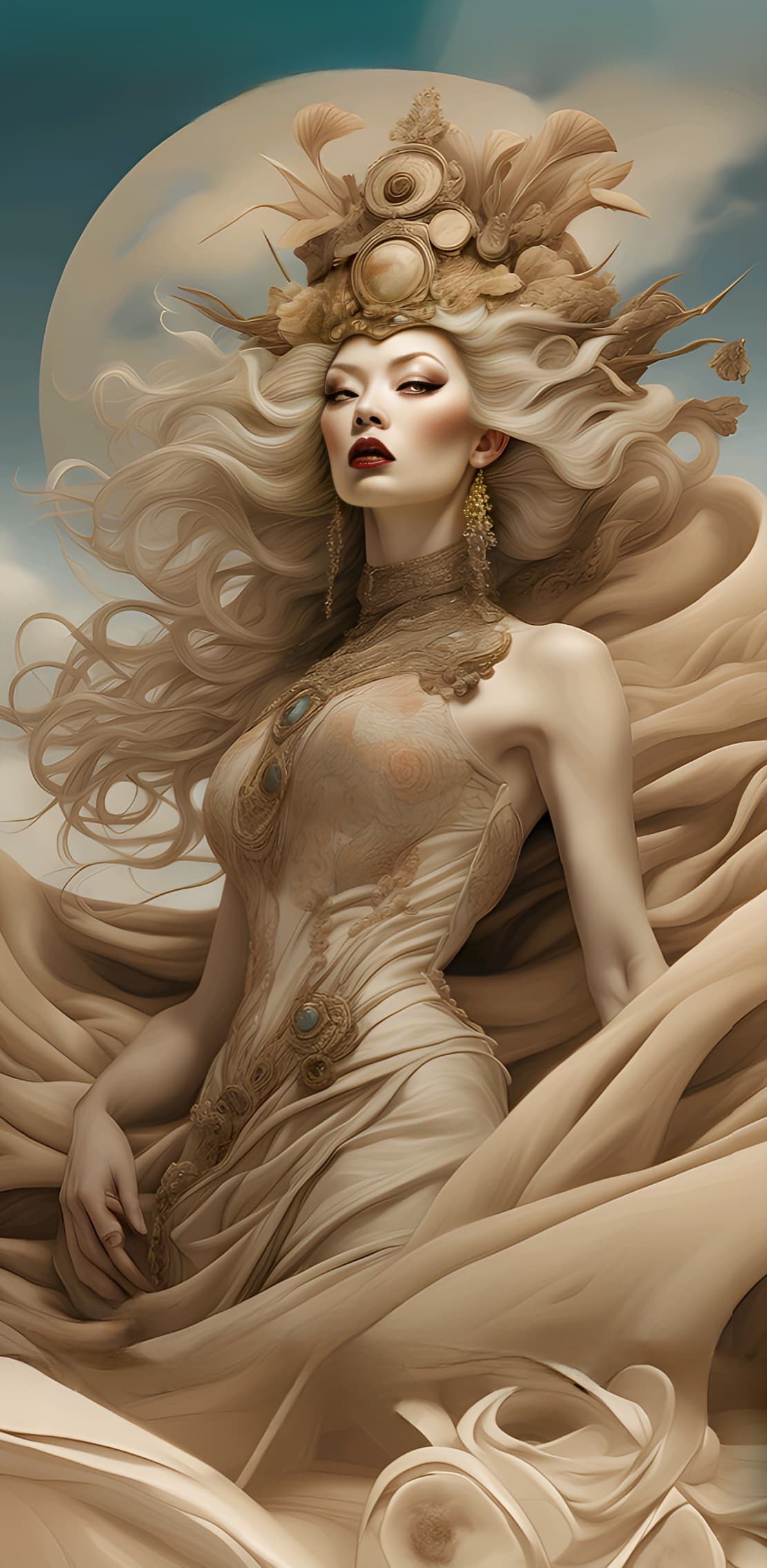AI generated: Empress in sandstorm wind, mad sky hallucination by Mundford, luxury maximalist, photoshoot by Artif...
