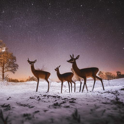 AI generated: photo of deer in the middle of the jungle at night under starry sky in the winter 