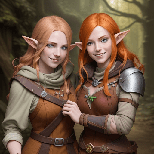 AI generated: Create a DnD-inspired digital portrait of two female characters: an adult half-elf artificer with bl...