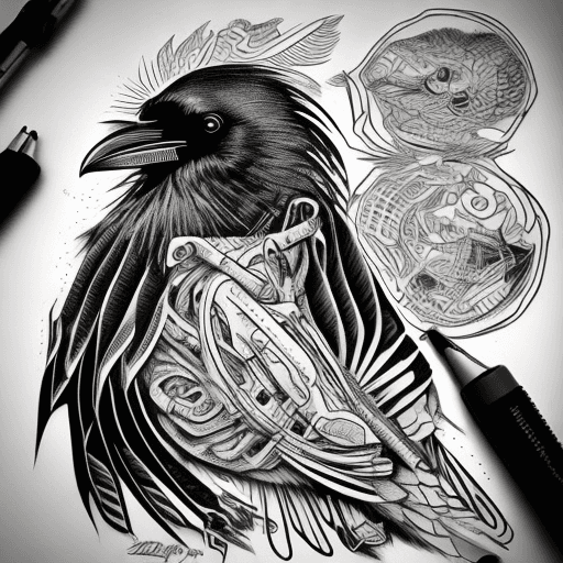 AI generated: cyber raven, tattoo flash, line art, black and white , high detail --v 4