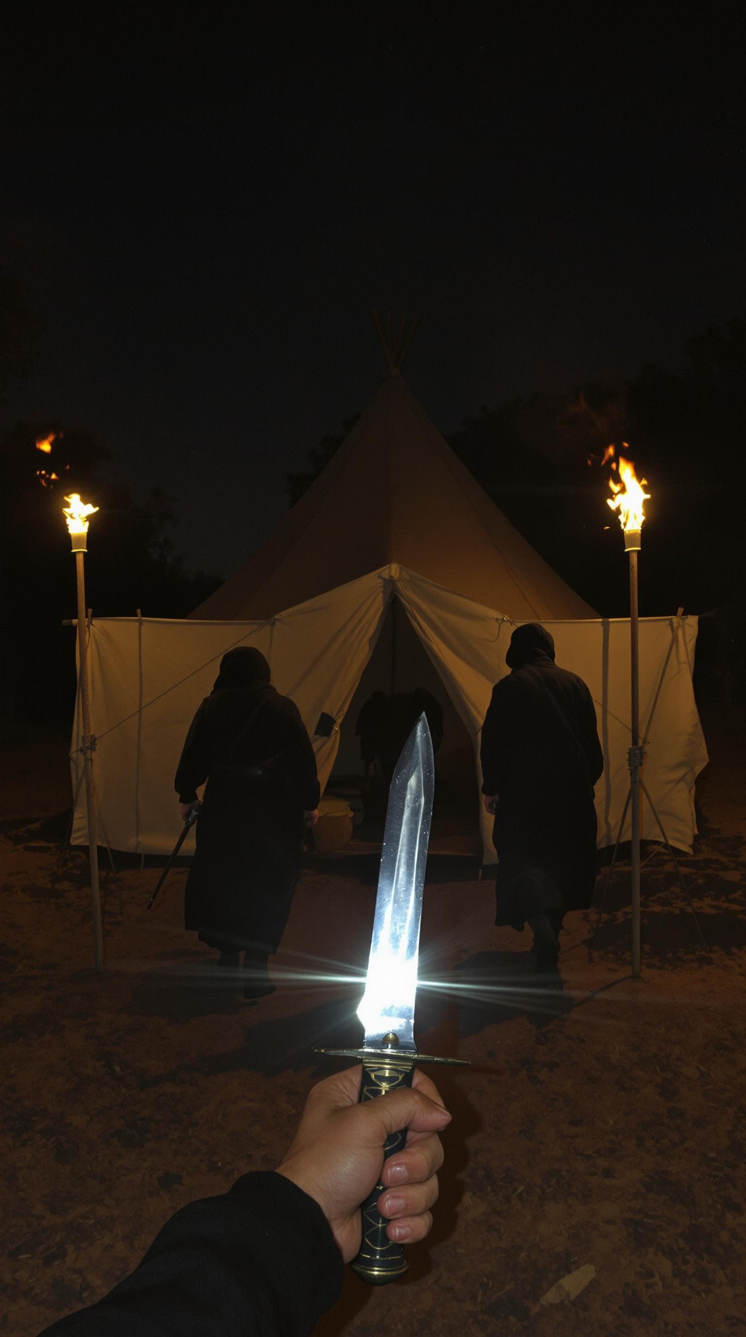 AI generated: POV first-person perspective, I make my way toward the canvas tent, the dagger clearly visible in my...