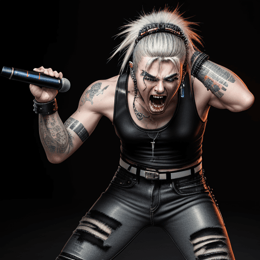 AI generated: Cyberpunk, Rockerboy, american, cyber throat, Silver haired with blonde accents, samurai tanktop, Le...