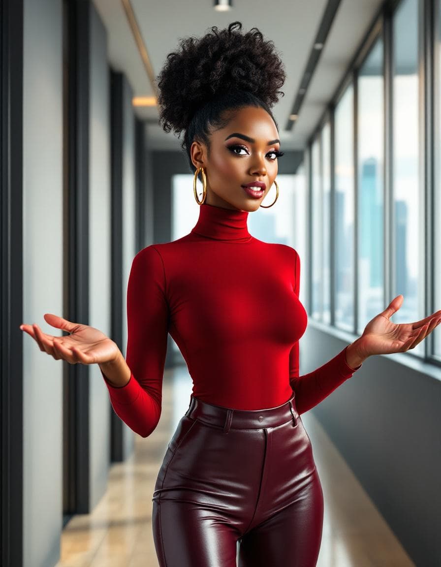 AI generated: Hyper-realistic photo of a gorgeous Afro-American receptionist woman, high bun dark hair, Gold hoop ...