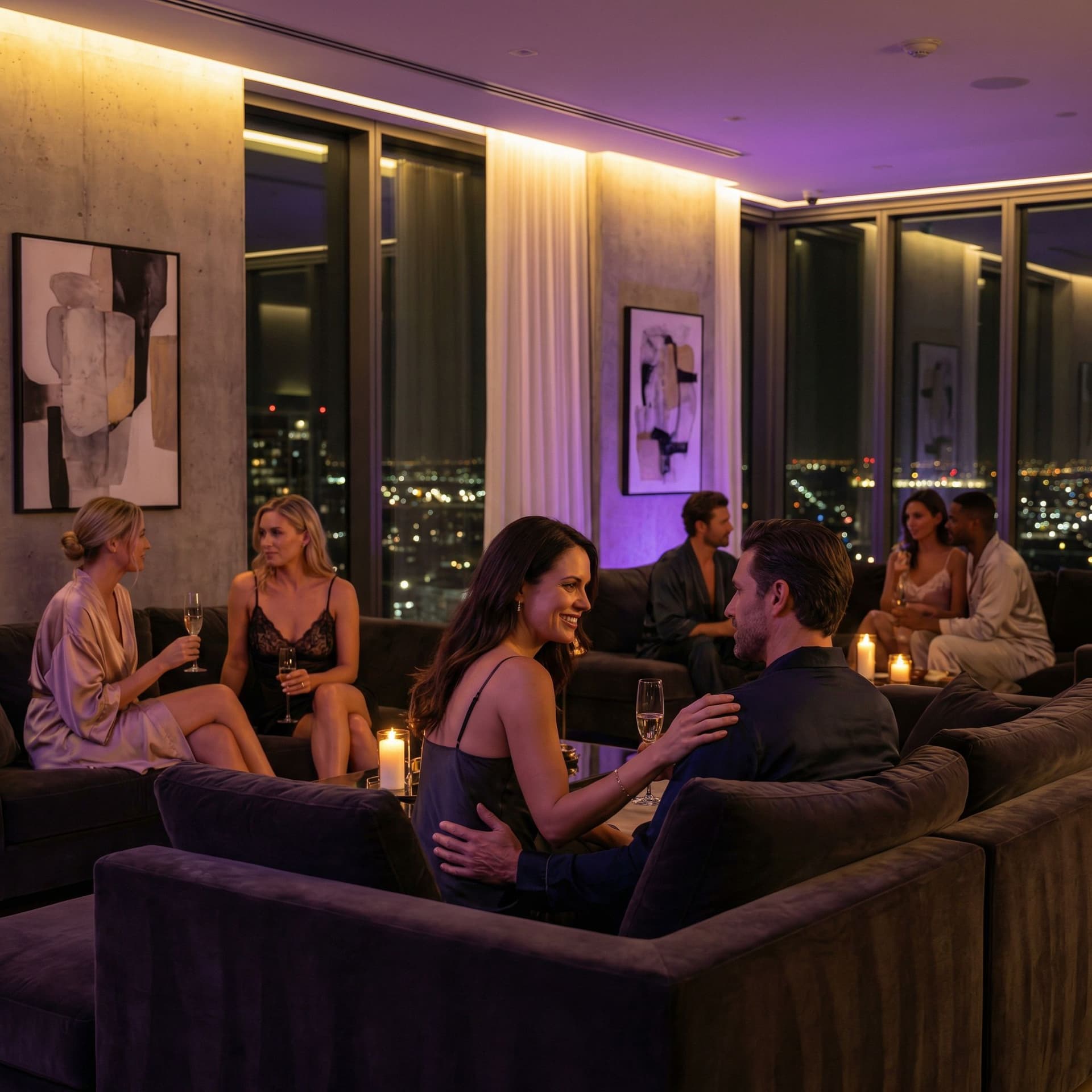 AI generated: An exclusive adults-only private party in a luxurious modern penthouse, warm ambient lighting with s...