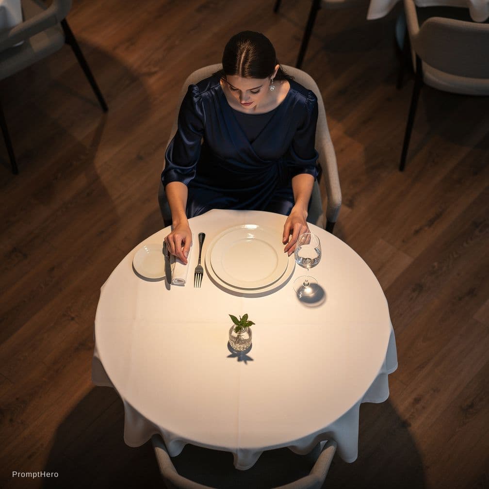 AI generated: beautifl slim woman sitting at restaurant table, darkblue dress, view from the top