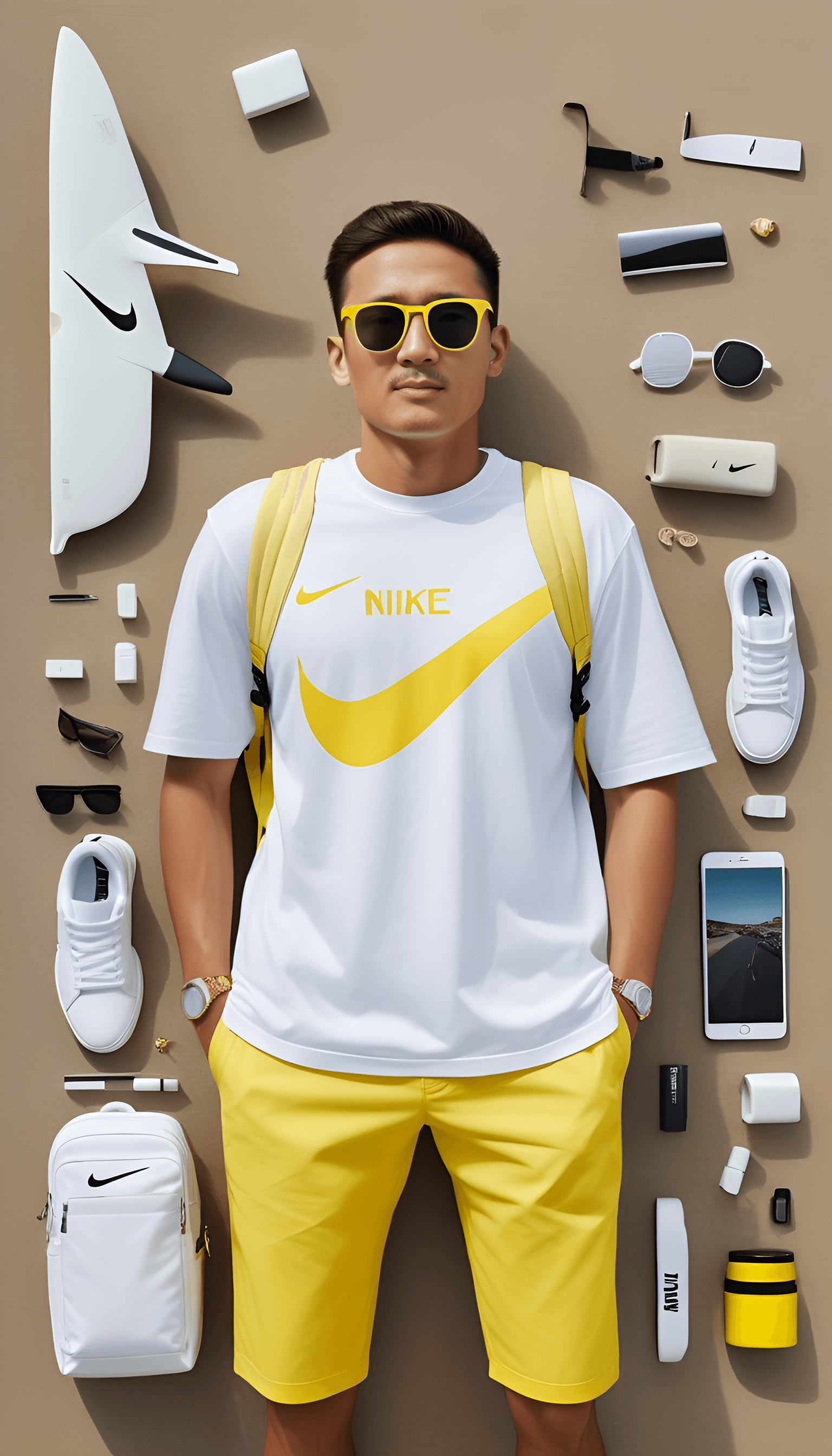 AI generated: Description with knolling parts, fashion man, Full body, one American man, wearing beach, sunglasses...