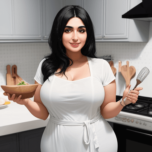 AI generated: "A 30-year-old arab woman with black hair, standing confidently in a modern kitchen. She is wearing ...