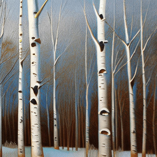 AI generated: a painting of some trees in the snow, an oil painting, shutterstock, american scene painting, birch ...