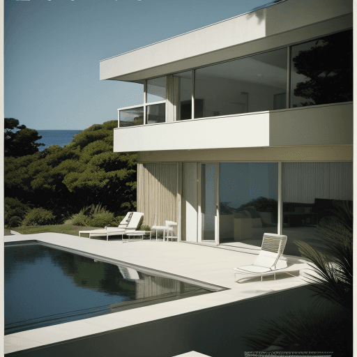 AI generated: Hyper realistic eye level exterior photo of a mid century modern style house overlooking the ocean, ...