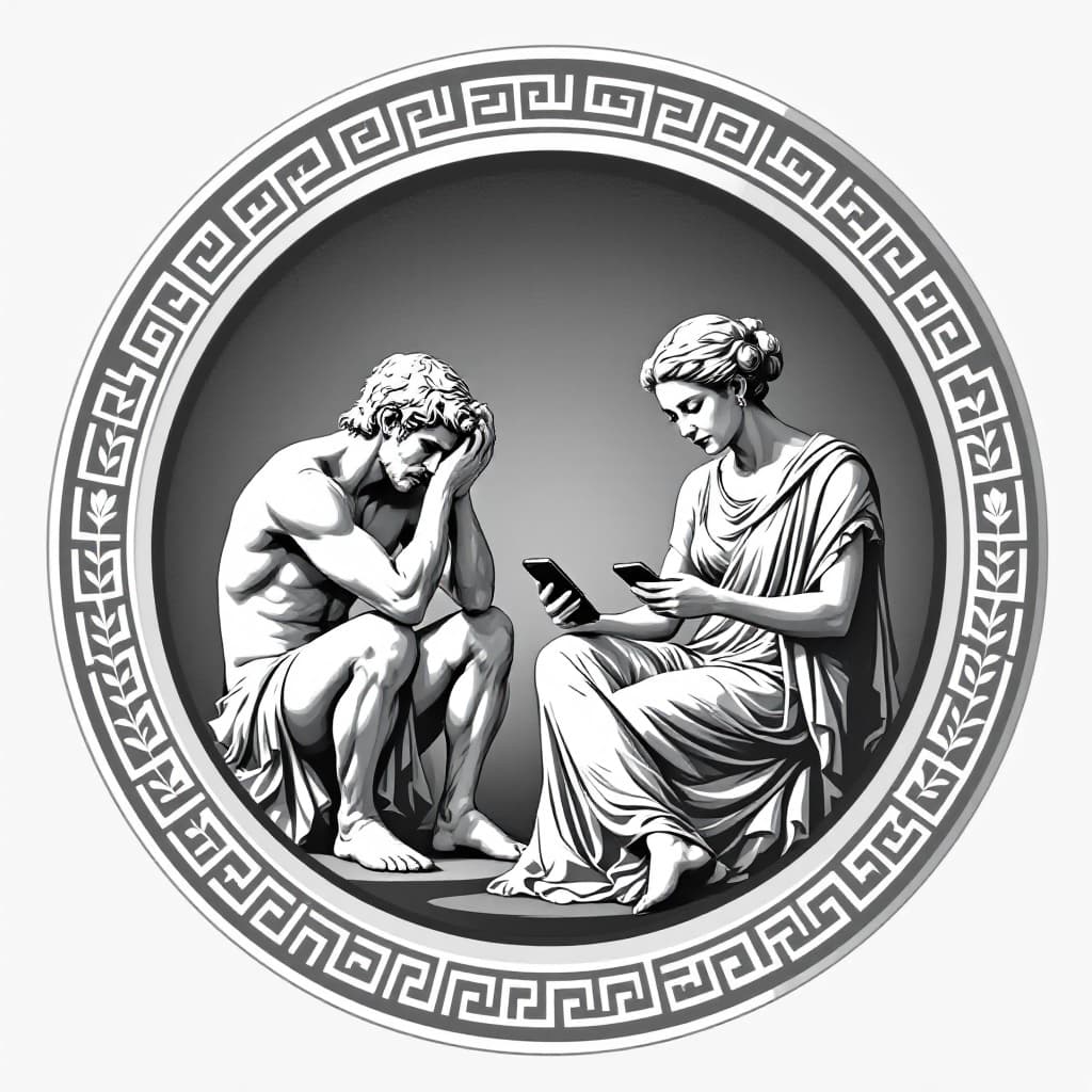 AI generated: A bold circular emblem in Greco Roman style featuring two central figures: a sorrowful, kneeling Apo...
