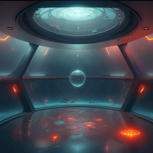 AI generated: floor of a bio mechanical spaceship, raindrops, distant thunderstorm, looking into outer space, 170 ...