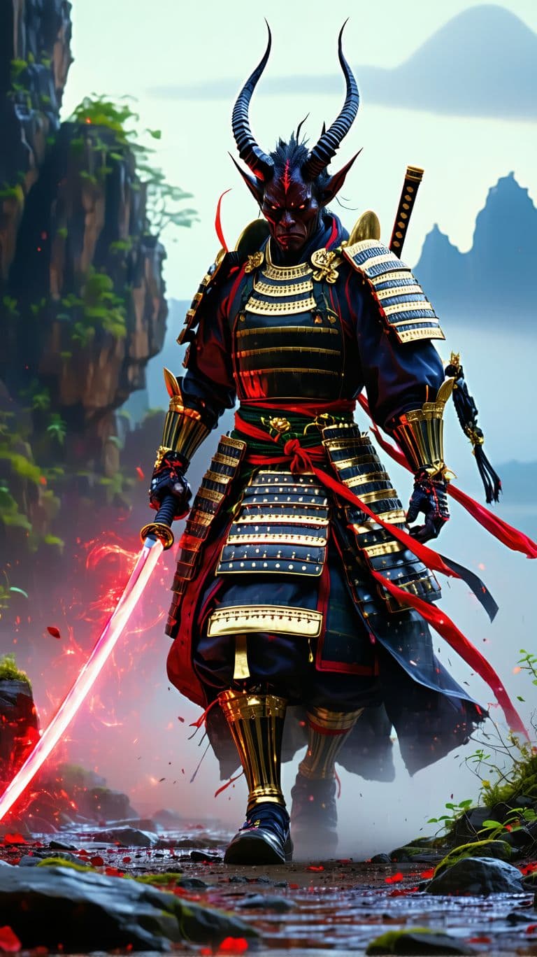 AI generated: "A dark-skinned demon warrior in gold and red Japanese samurai armor, moving dynamically with a gian...