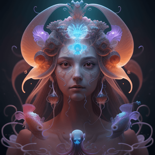 AI generated: Goddess close-up portrait ribcagel. jellyfish phoenix head, nautilus, orchid, skull, betta fish, bio...