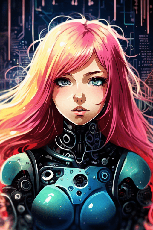 AI generated: mj, 2D illustration of a cybernetic biochemical cyberpunk girl, (anime style:0.9), vibrant colors, c...