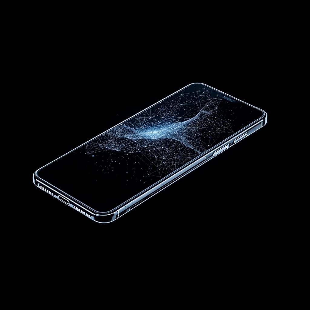 AI generated: Smartphone, realistic, futuristic, dark background, white outline, minimalistic.