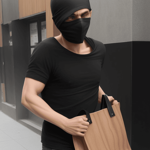 AI generated: a thief have a wooden bag and have black  t-shirt 