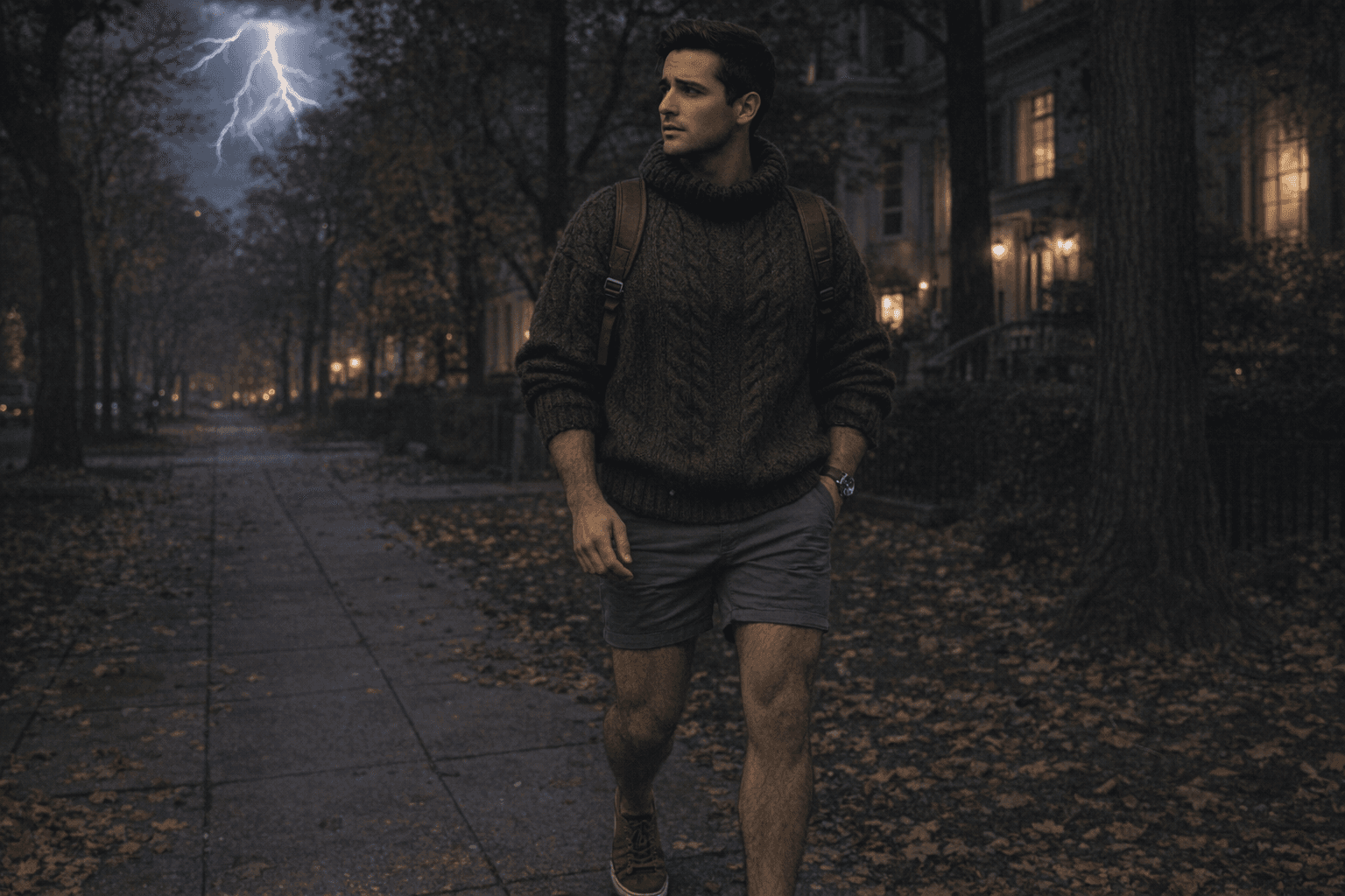 AI generated: In a cold night in the beginning of Autumn. 
The model is walking on the sidewalk in a very nice nei...