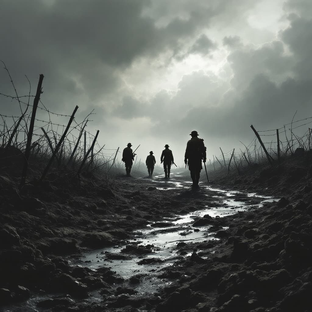AI generated: Create a WWI no-mans land scene: a barren, war-torn landscape under a foreboding, gray cloudy sky, w...