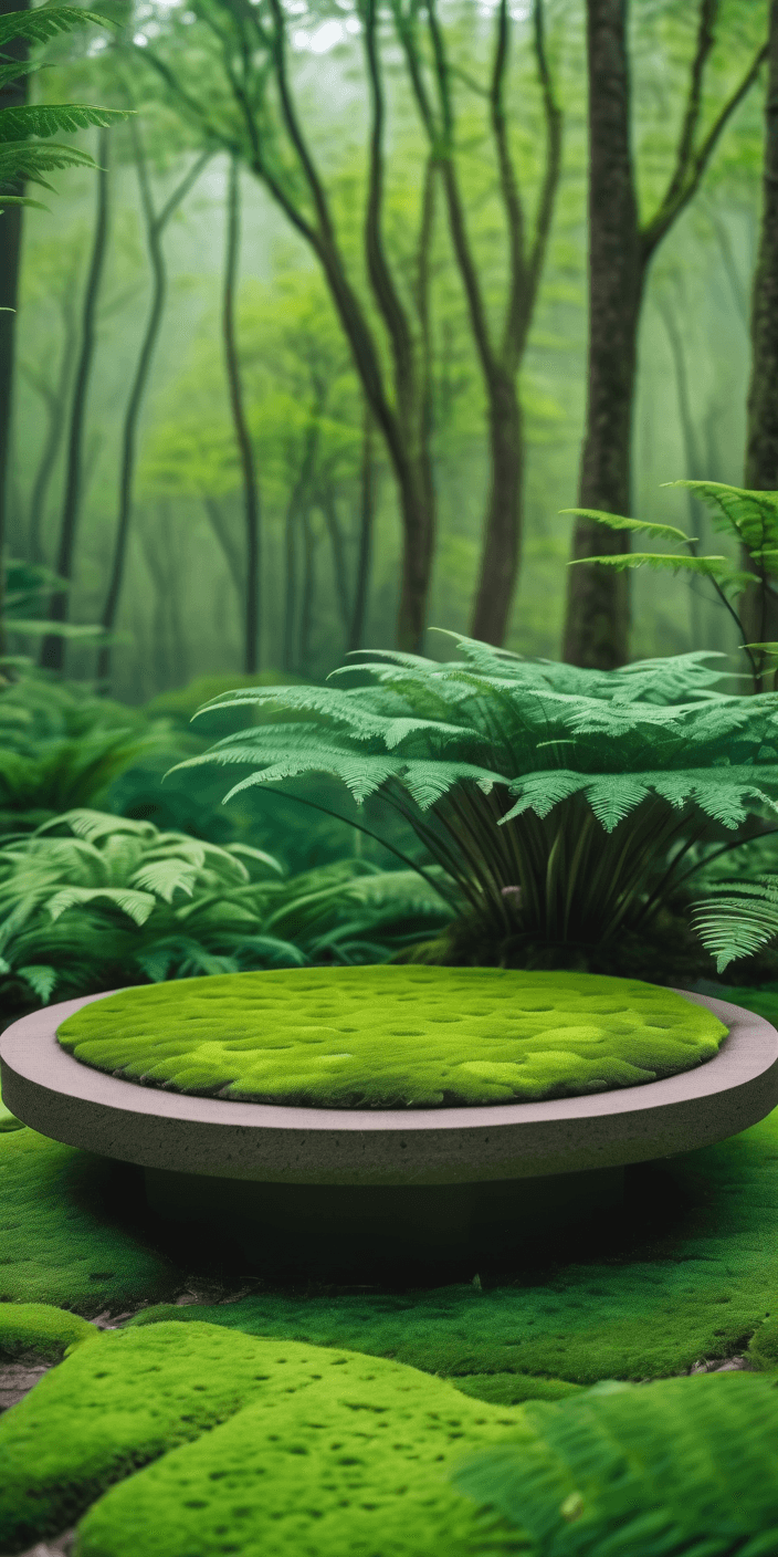 AI generated: A stone eco platform with moss on it,  in the middle of nature, trending on cg society, stage, beaut...