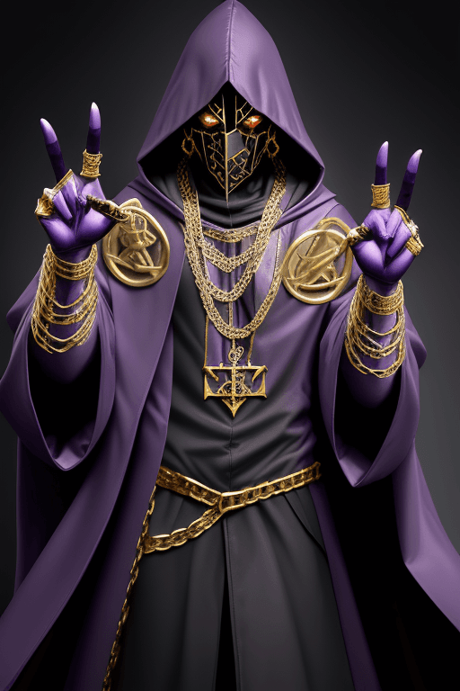 AI generated: Shadow wizard money gang, in purple cloak hood, dark face, gold chains and jewellery, gang signs