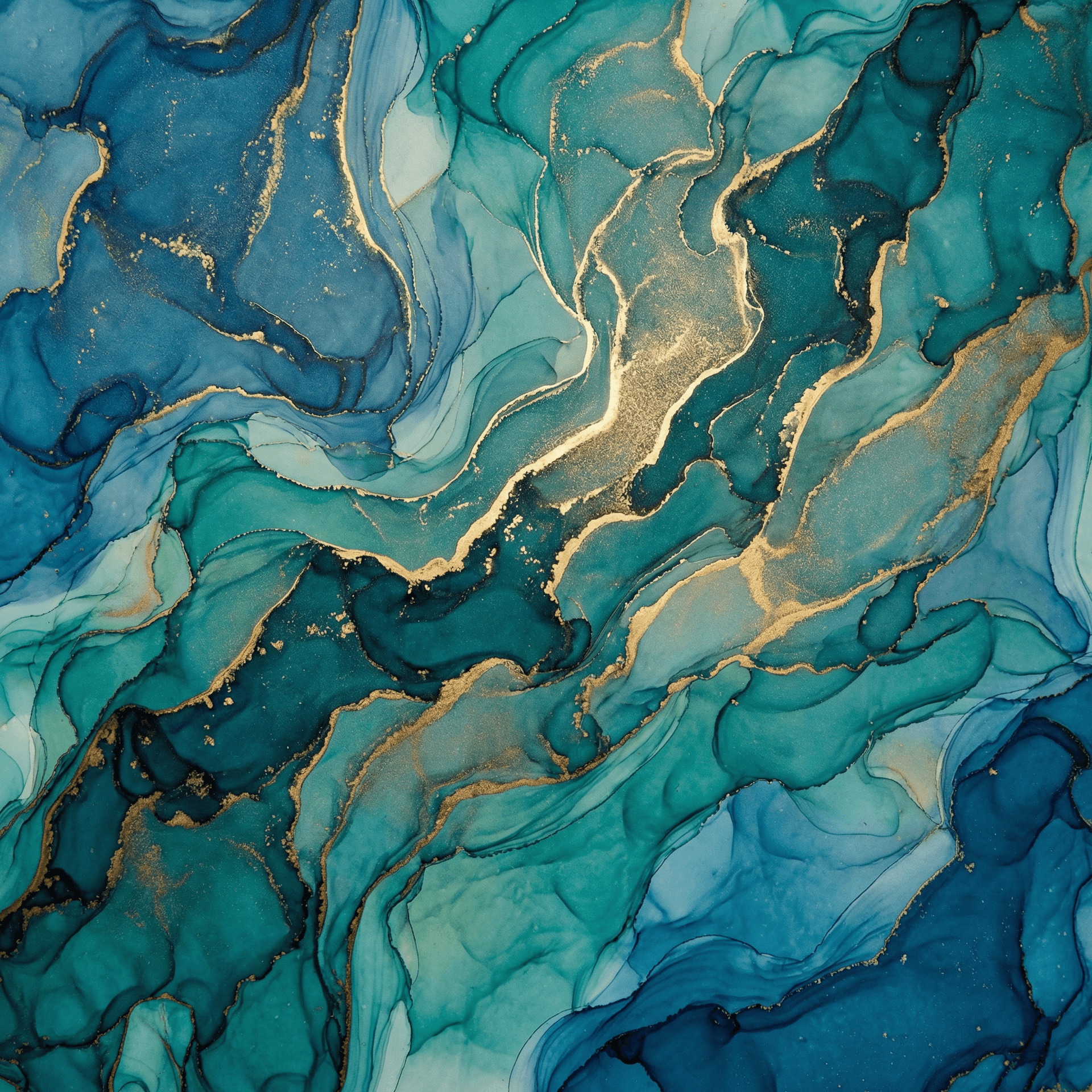 AI generated: abstract fluid art, deep ocean colors, blue teal and gold swirls, elegant and calming