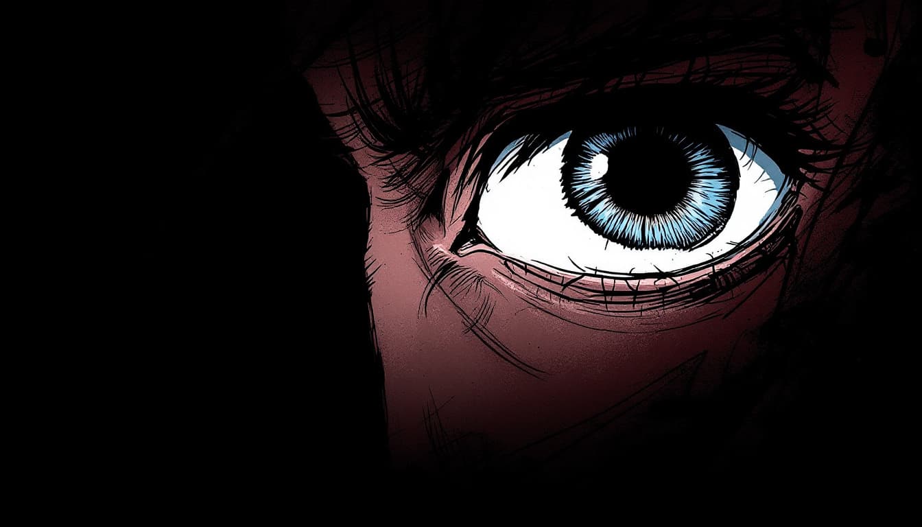 AI generated: manga panel of a close-up eye, intense, against a dark red background, in the style of Kentaro Miura...