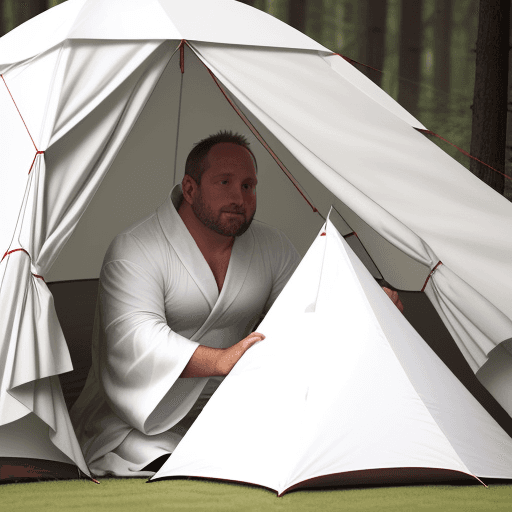 AI generated: A 40-year-old man wearing a white robe is making a tent