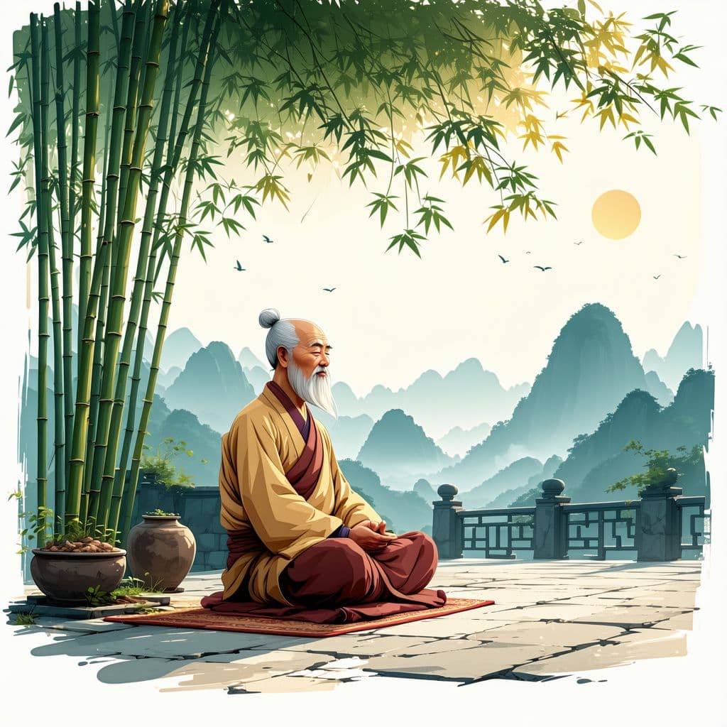 AI generated: A serene Zen temple nestled in the mountains, illustrated in a stylized cartoon aesthetic. The wise,...