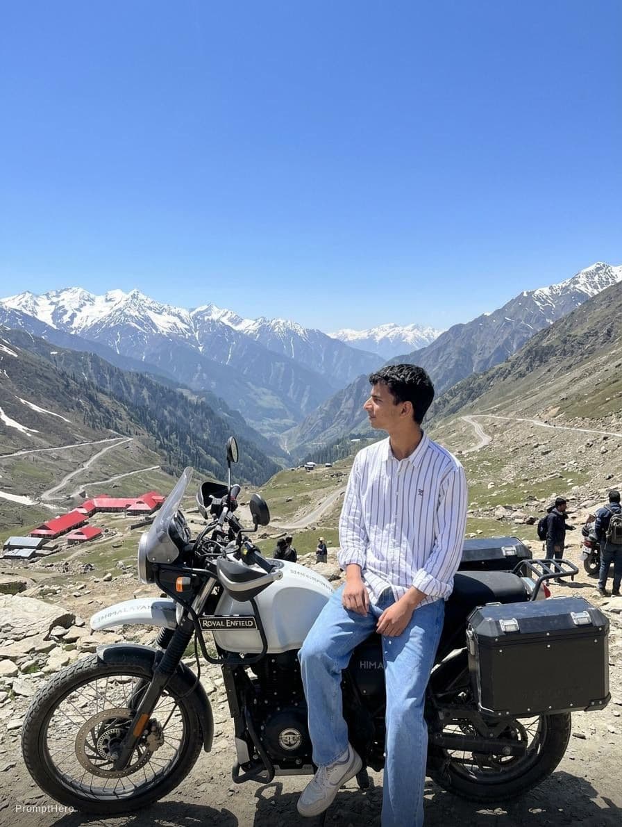 AI generated: On the top of the mountain behind Himalayan bike 
