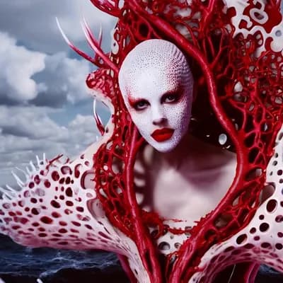 AI generated video: Un retrato futurista surrealista de una misteriosa figura femenina que emerge de un mar de estructur...