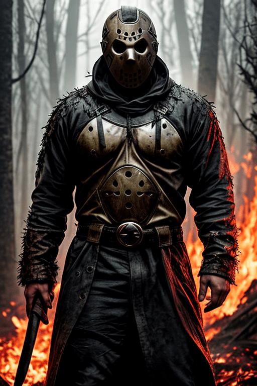 AI generated: a detailed portrait of demonic Jason Voorhees, risen from the ashes, centered, epic scene, machete i...