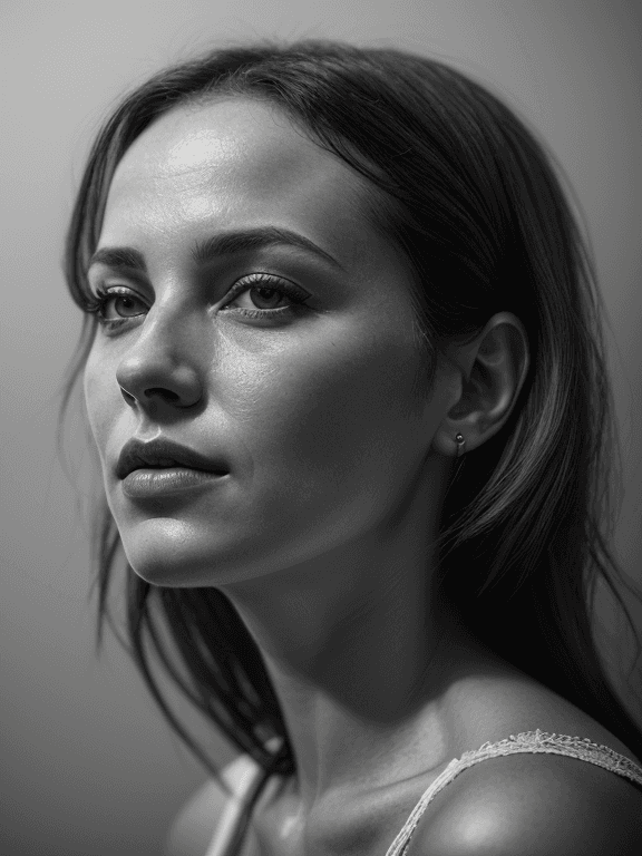 AI generated: Realistic,(greyscale, traditional media, sketch), portrait, 1girl, cover - perfect tone, style of dr...