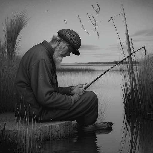 AI generated: "a fisherman sits on a masonry in the reeds and sleeps soundly, his fishing rod has fallen into the ...