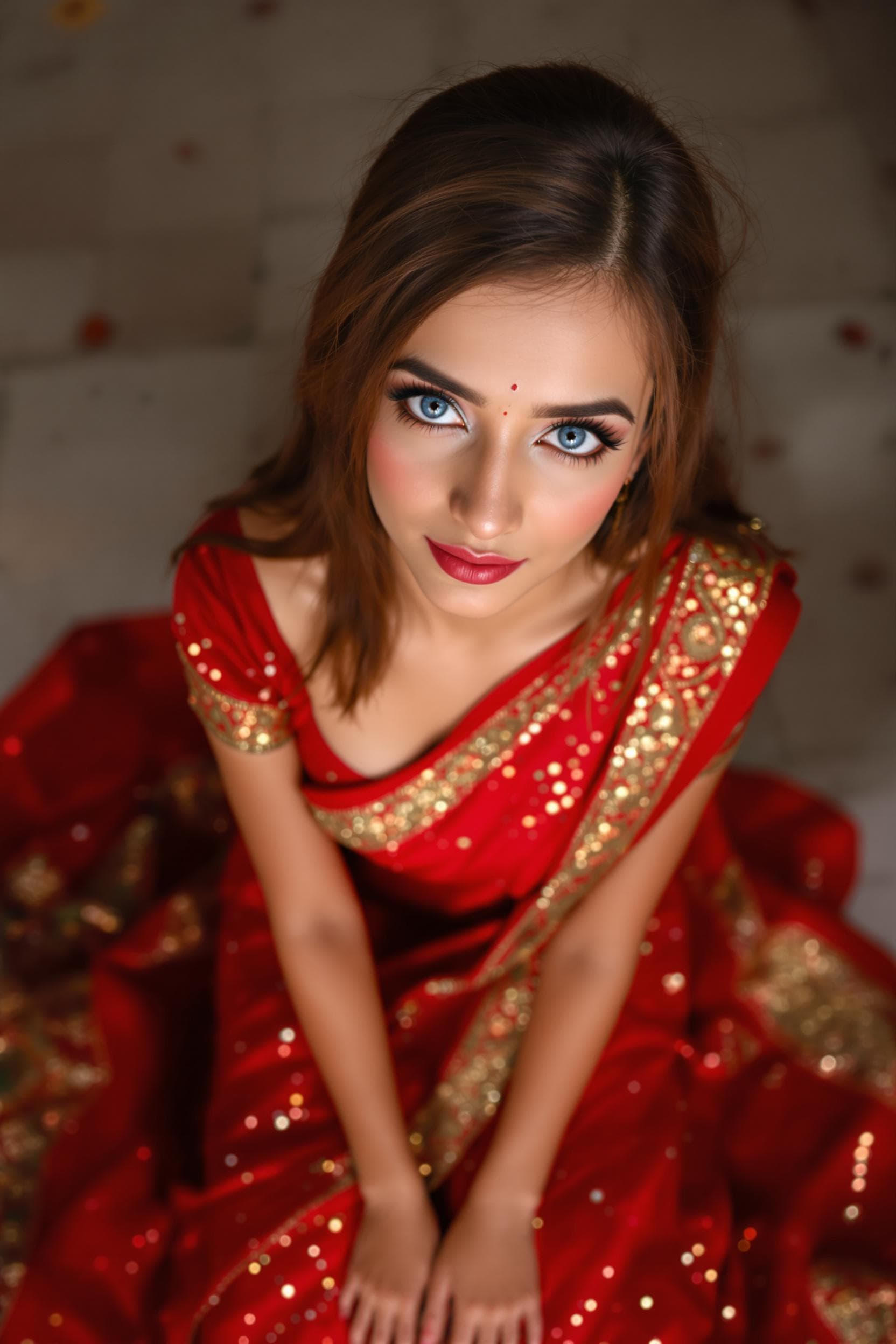 AI generated: Shot from above, 20 years old India lady, [slim lady, slender lady], with big expressive eyes, [blue...