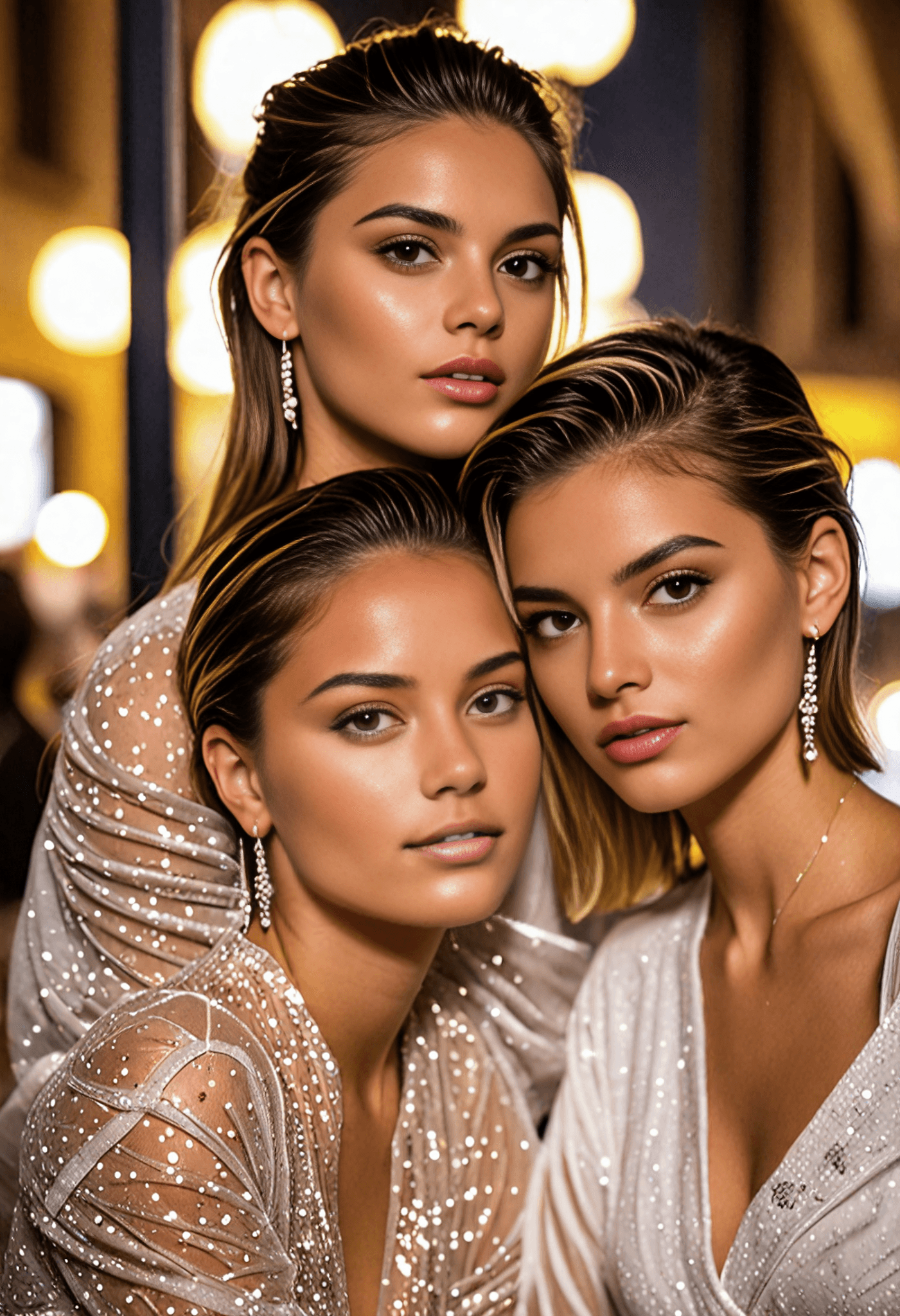 AI generated: Three women standing closely together in a glamorous night setting with bright lights, wearing spark...