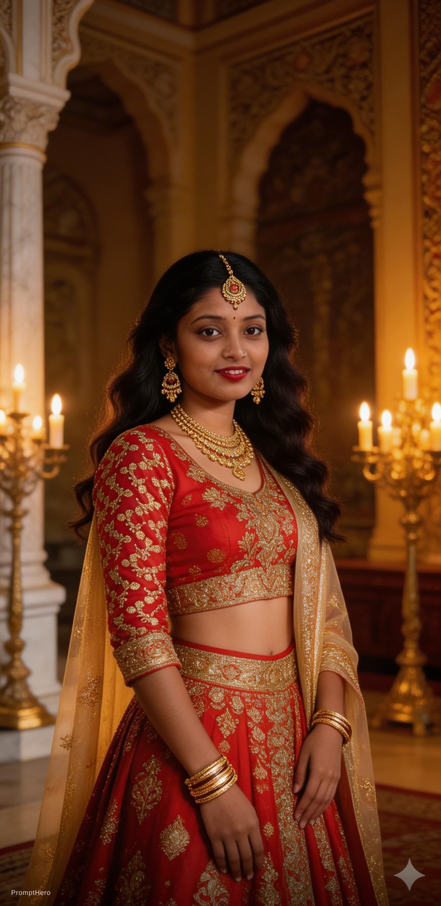 AI generated: A stunning Indian woman in a luxurious royal setting, wearing a red and gold lehenga choli with intr...