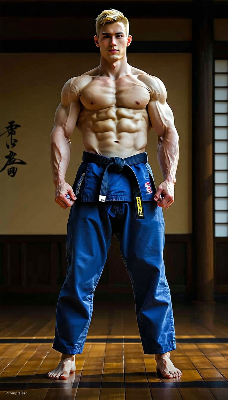 AI generated: full-body victory scene in a traditional American  dojo with wooden floors. A confident  American ka...