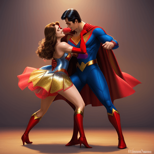 AI generated: Salsa dance by Spiderman, Superman, Princess Aurora, and Wonder Woman