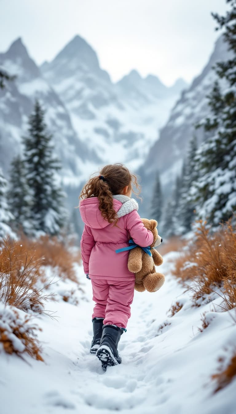 AI generated: a wide-angle view of a young girl, about 6 years old, with curly brown hair tied in a ponytail, wear...