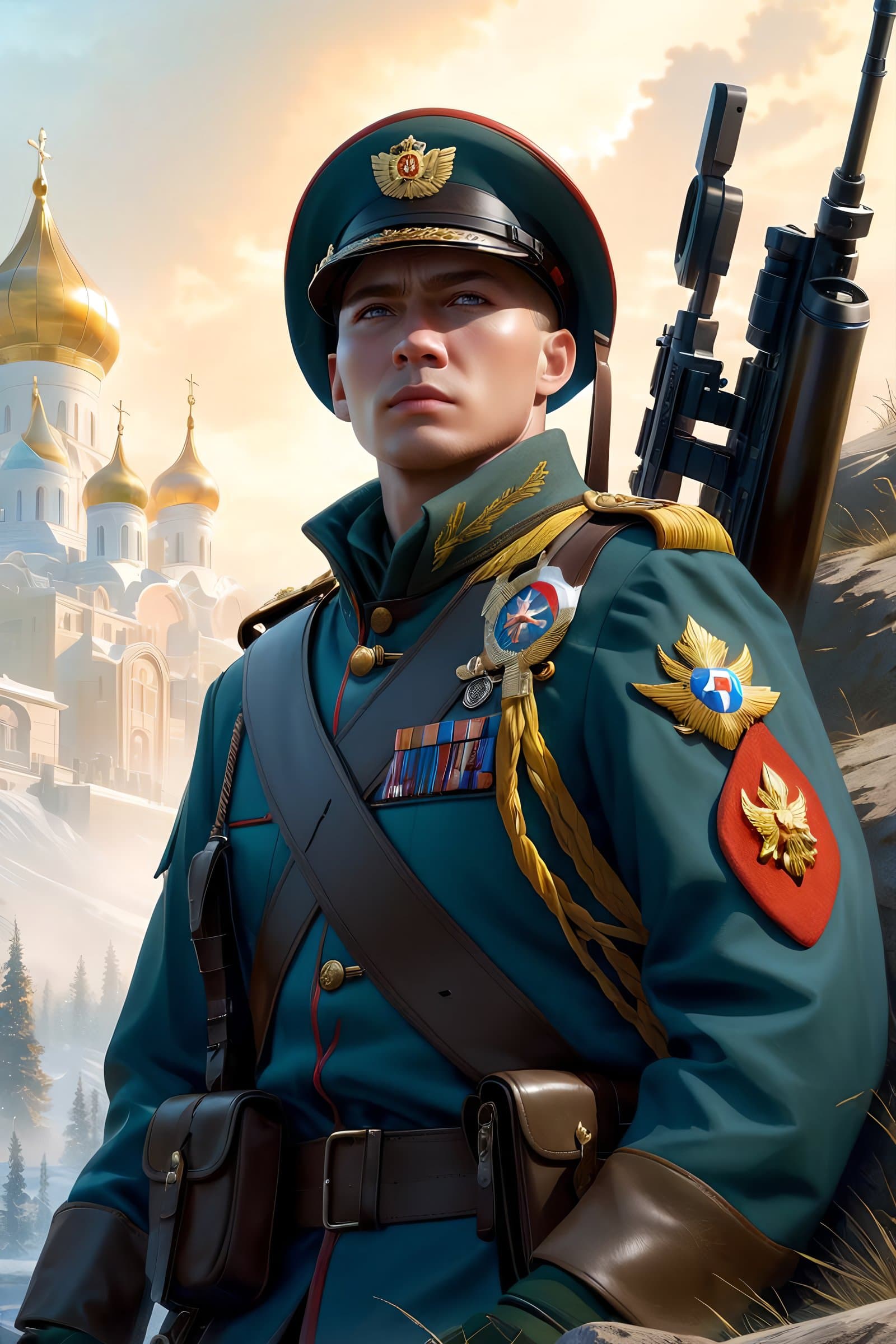 AI generated: A (russian modern Scout:1.4), (watching the enemy with his gun:1.2), Battlefield on the background, ...