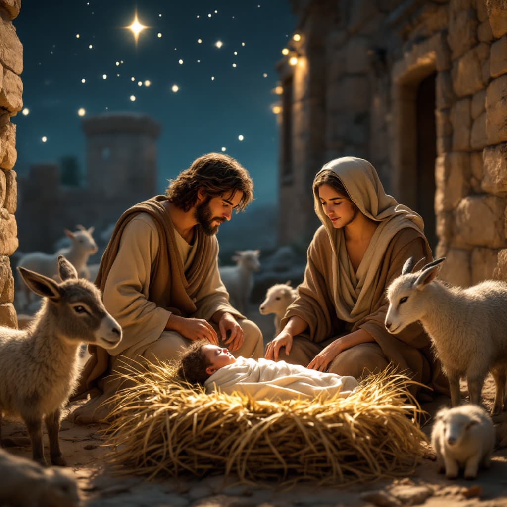 AI generated: Create a highly detailed, realistic scene of Joseph and Mary in Jerusalem, shortly after the birth o...