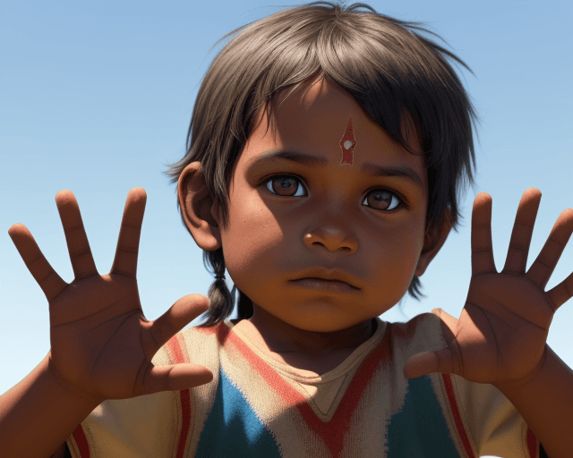 AI generated: realistic image of an indigenous child waving with his hand without ornaments on his head or face