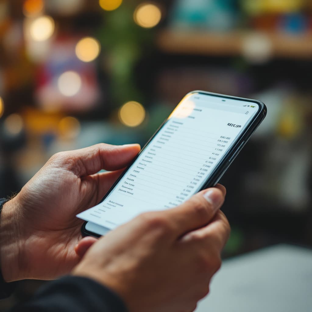 AI generated: Business owner scanning receipts on a phone
 dslr, ultra quality, sharp focus, tack sharp, dof, film...