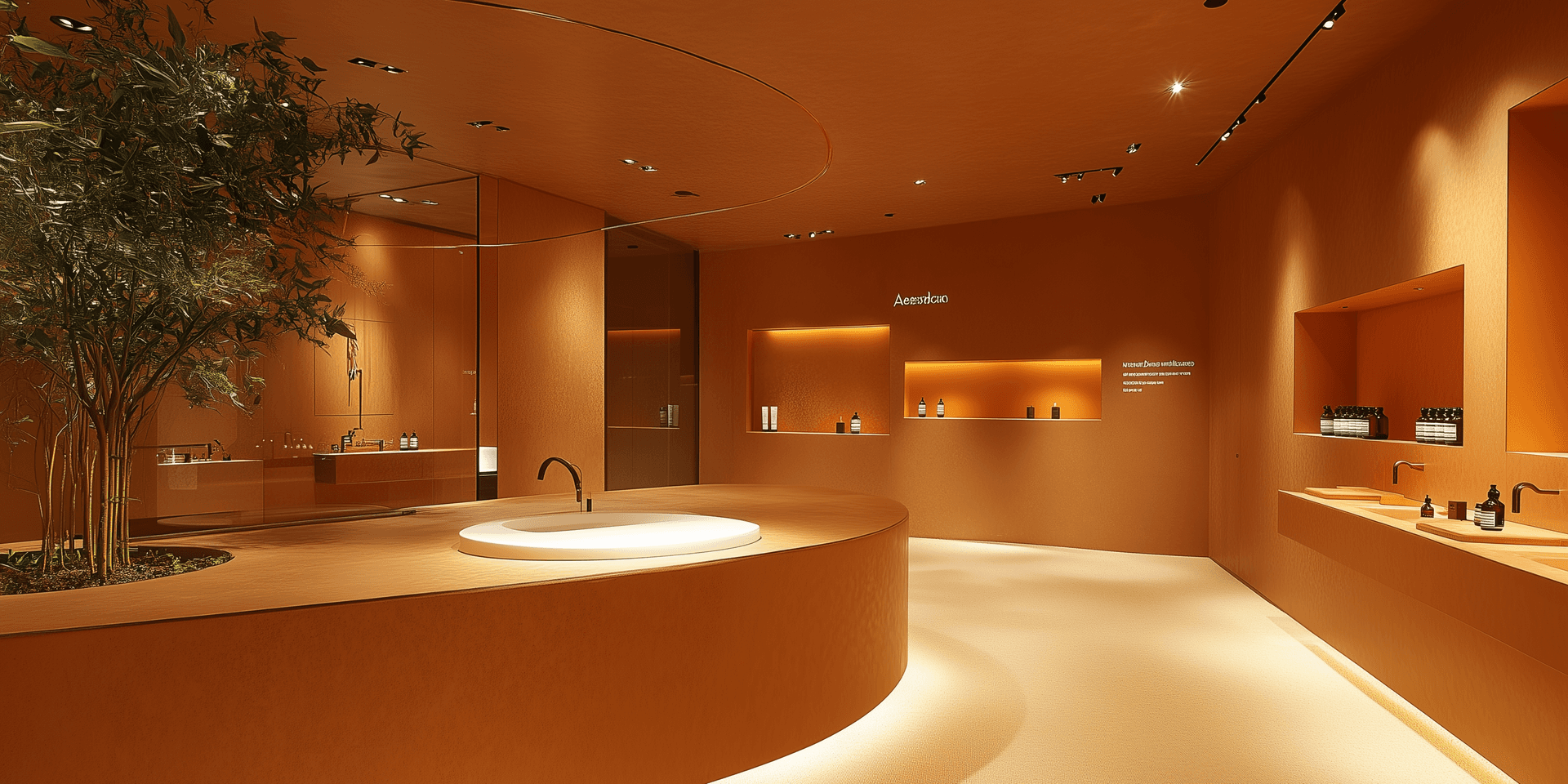 AI generated: Photo, Aesop-branded store design, minimal interior space with warm, low-illumination indirect light...