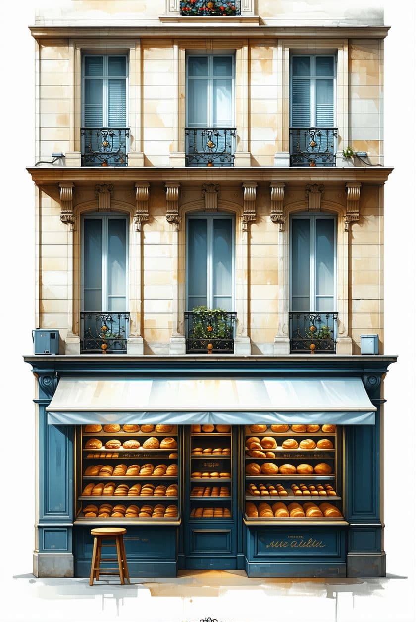 AI generated: Paris 1880, hyperrealistic illustration, a facade of a little bakery shop, front view, elevation, in...