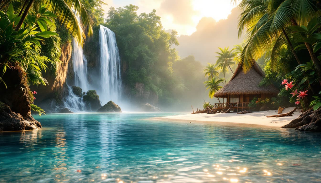 AI generated: depicting a stunning, idyllic paradise lagoon in the Asian South Pacific, reminiscent of the iconic ...