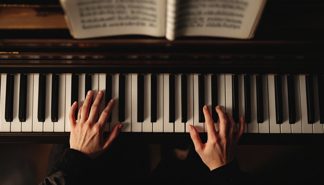 AI generated: portrait capturing the essence of a pianist from an overhead perspective. Focus on their hands skill...