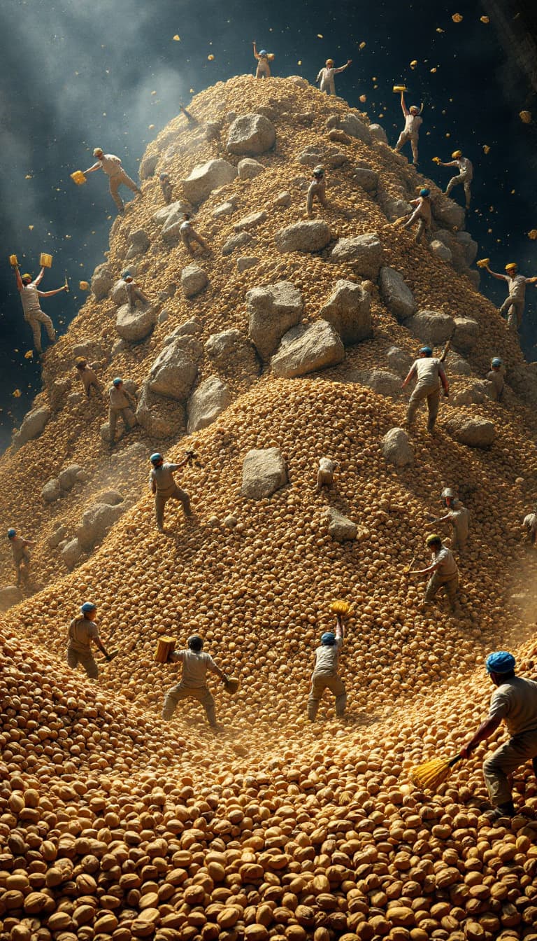 AI generated: A colossal pile of walnuts stands before the tiny workers like a rocky mountain range. Giant mechani...